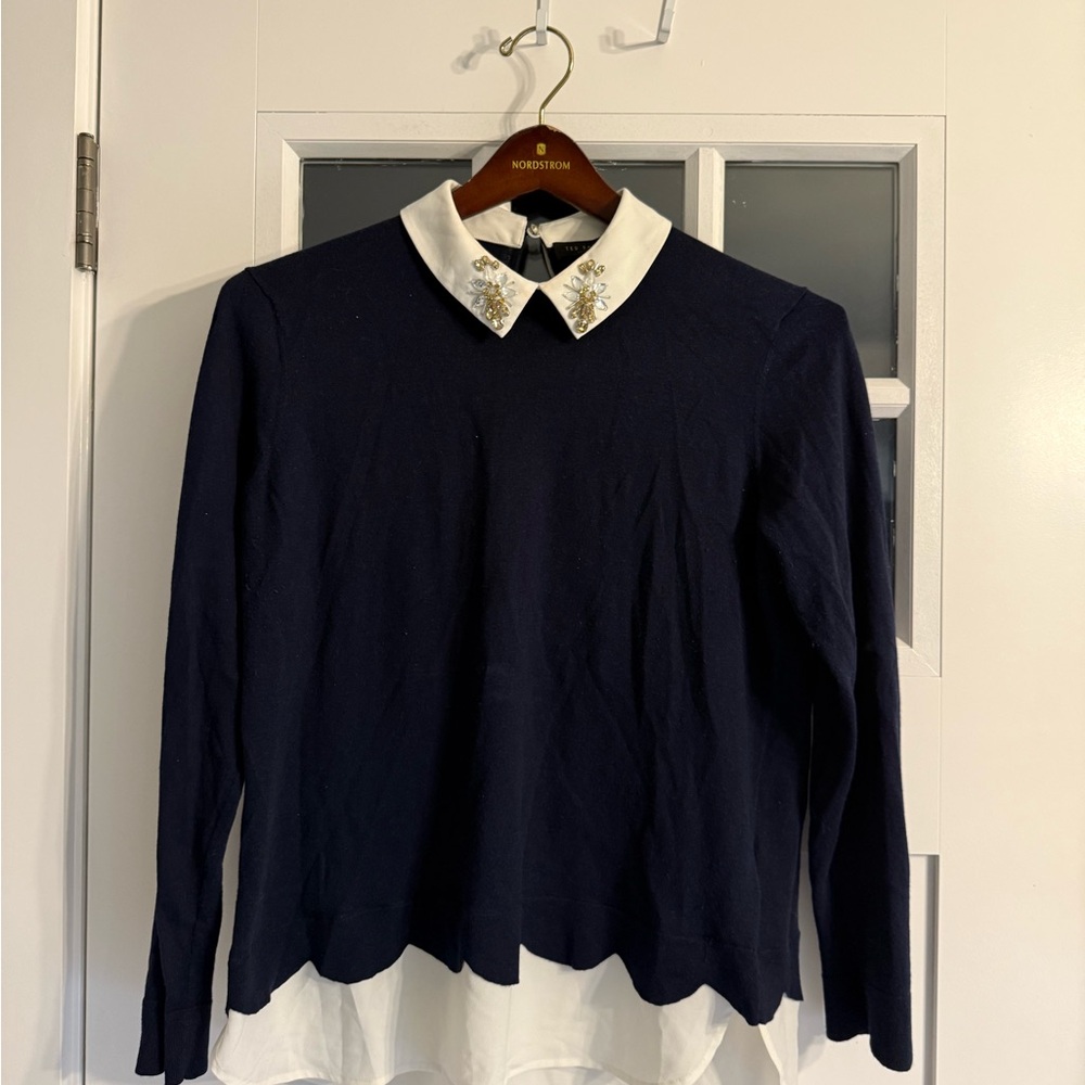 Navy Sweater with White Collar